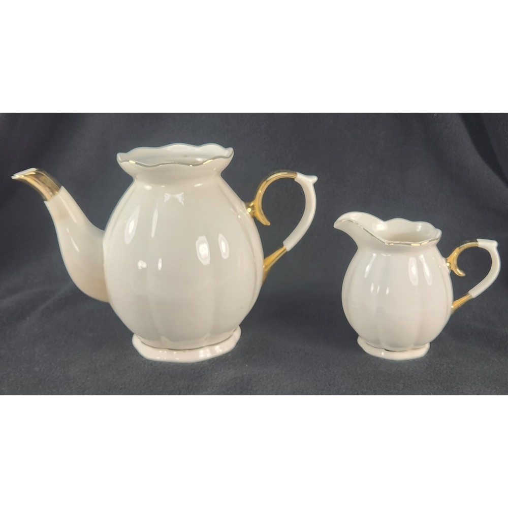 Grace' Teaware Teapot / Coffee Pot & Creamer White W/ Gold Trim Fine Porcelain